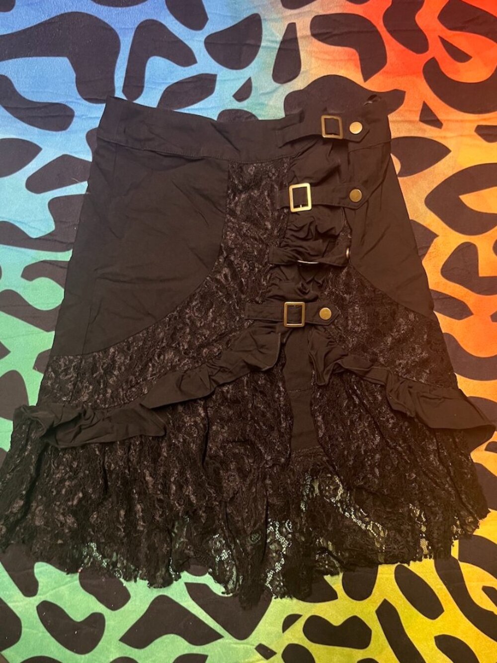 BELLE POQUE BLACK FLORAL LACE GOTHIC STEAMPUNK VICTORIAN SKIRT W/ BUCKLES SMALL